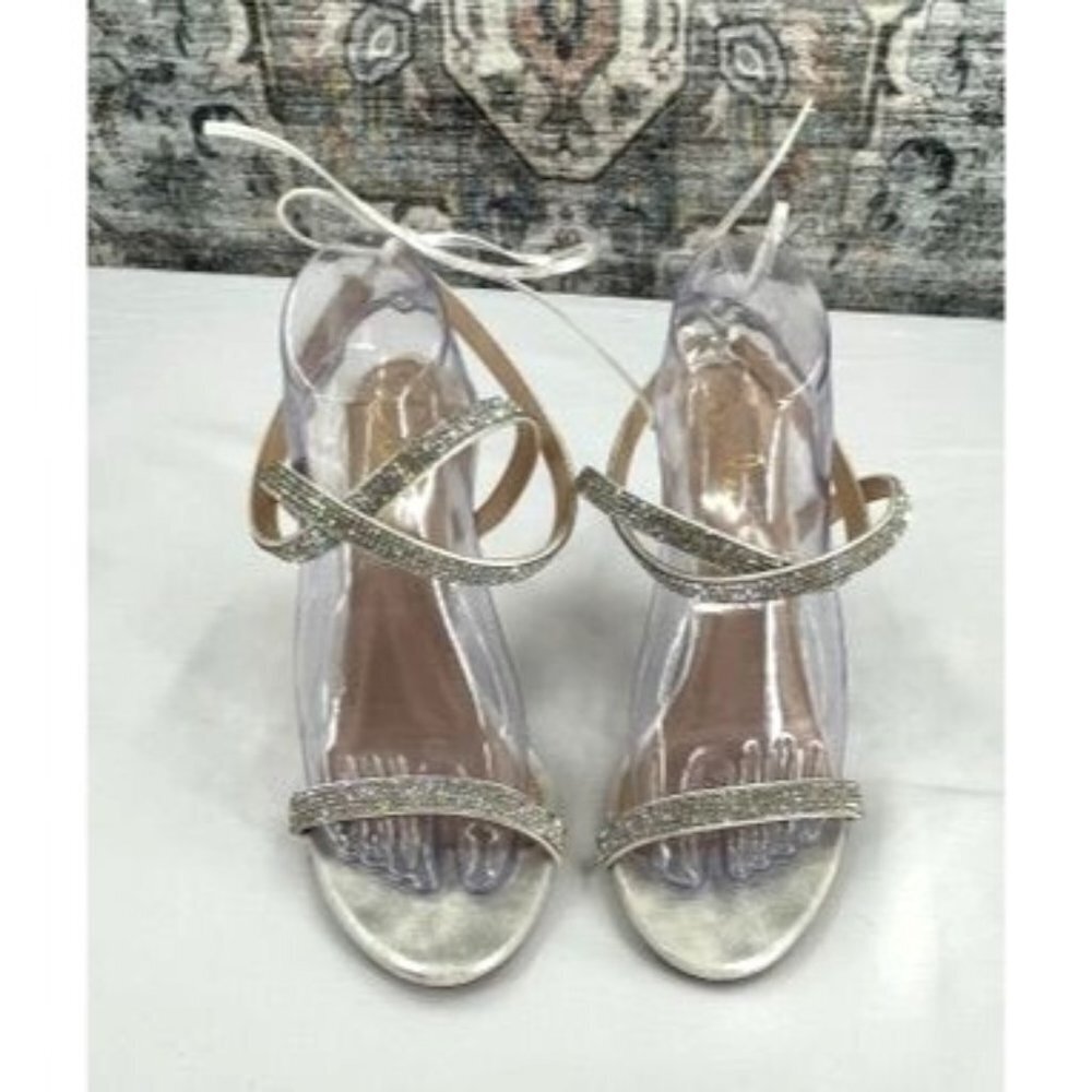 Lulus Silver Strappy Sandals Size 9 Lace Up Sequin 4" Heel Wedding Prom Dance